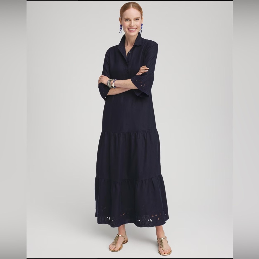 NWT Chico’s Linen Embroidered Sundress in Classic Navy